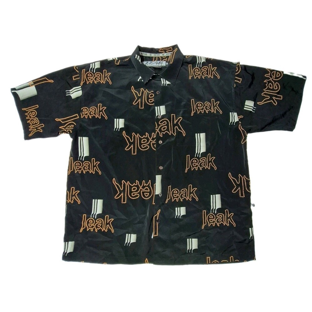 Vtg Leak Wear Shirt Mens XL Black Orange All Over Print Text Y2K Hip Hop Baggy